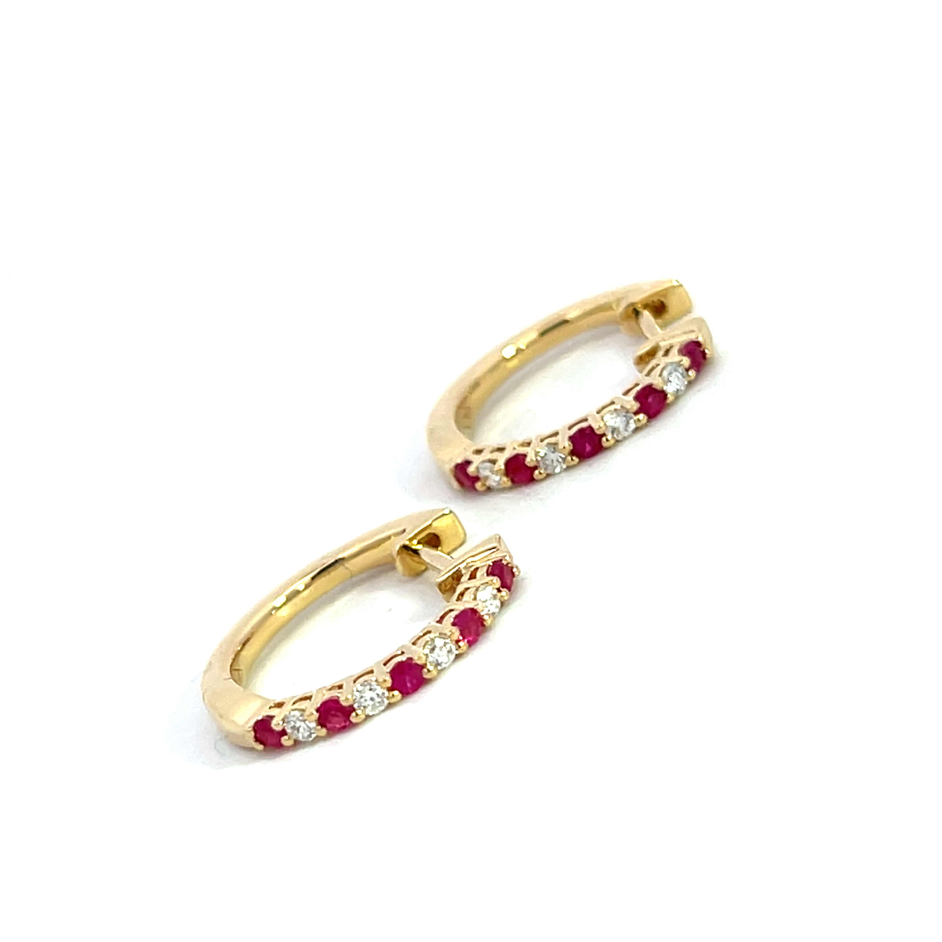 18 Carat Yellow Gold and Ruby and Diamond Hinge Hoops- 0.18 R 0